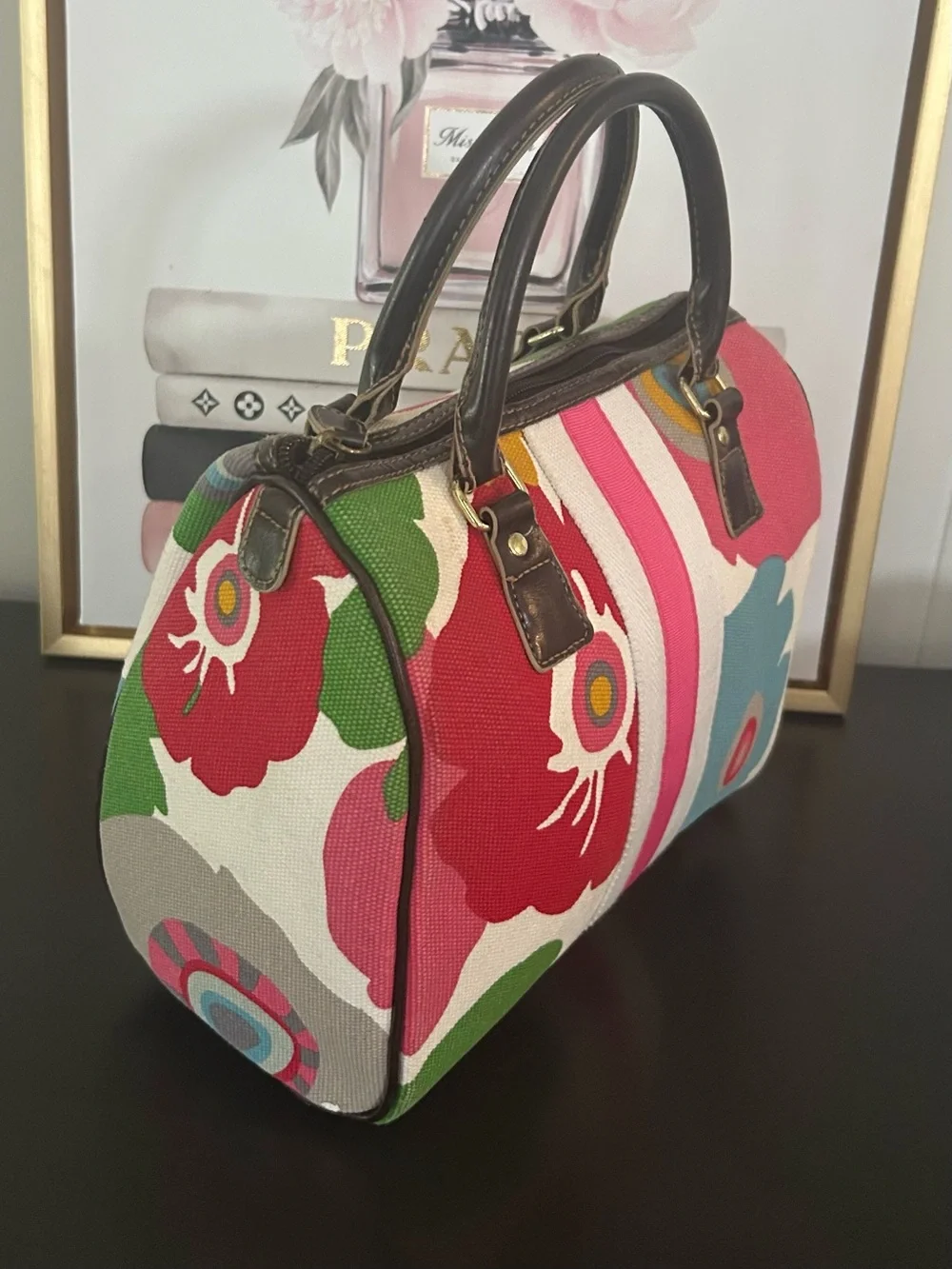 Vintage Y2K Victoria’s Secret Floral Canvas Satchel Handbag Striped Bowling bag